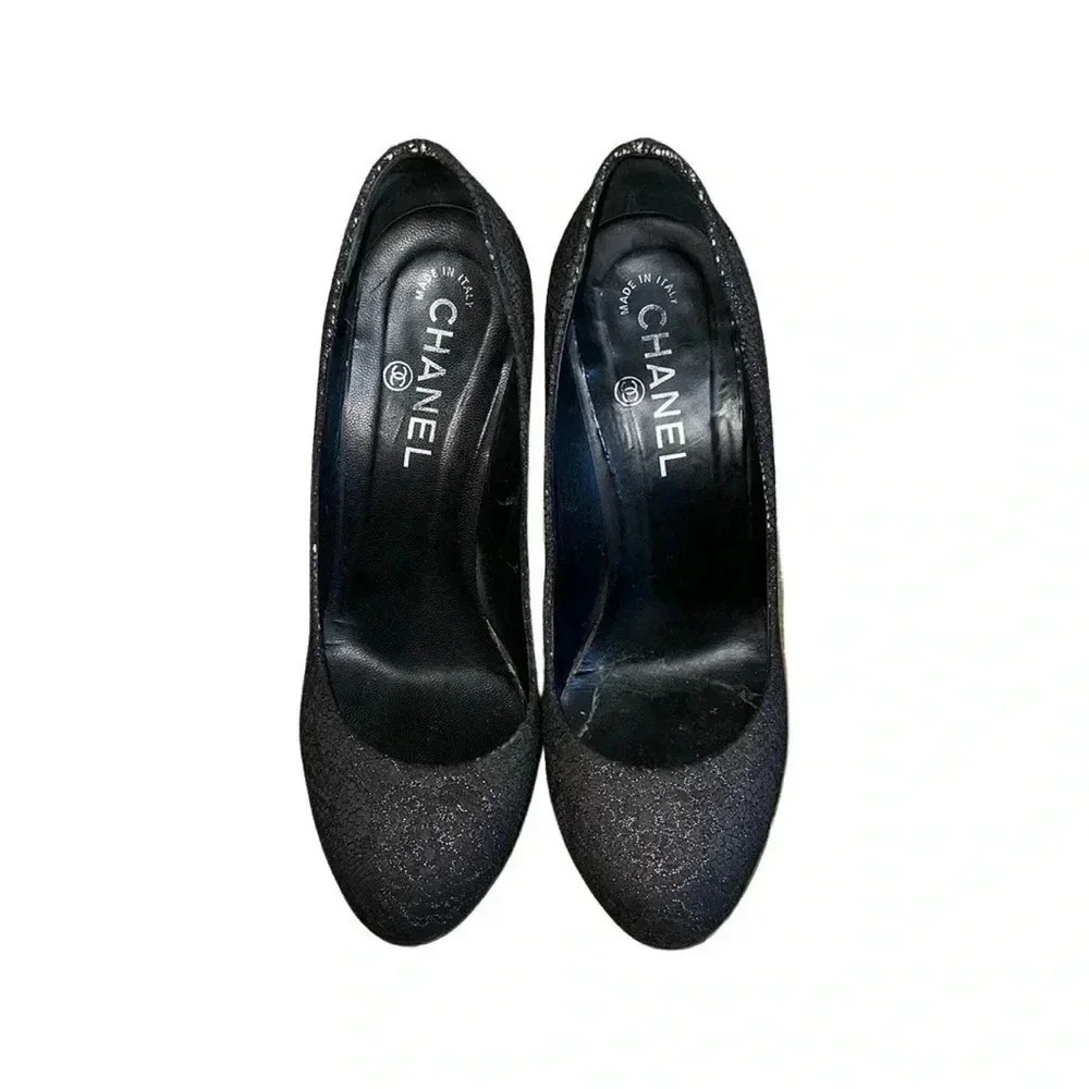 Chanel Black Shimmer Lace Almond Toe Pump Shoes Size 38 - Picture 2 of 10
